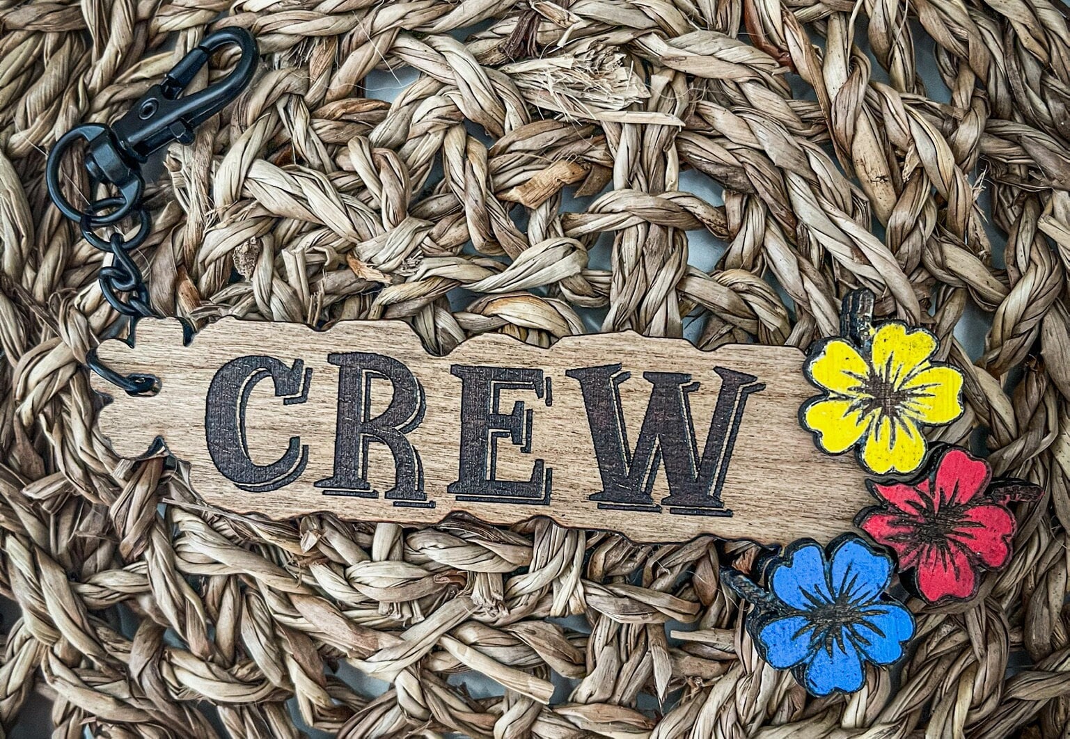 Crew Key Chain Hawaiian Inspired - cherry wood tag perfect for backpack, zipper or badge - island vi