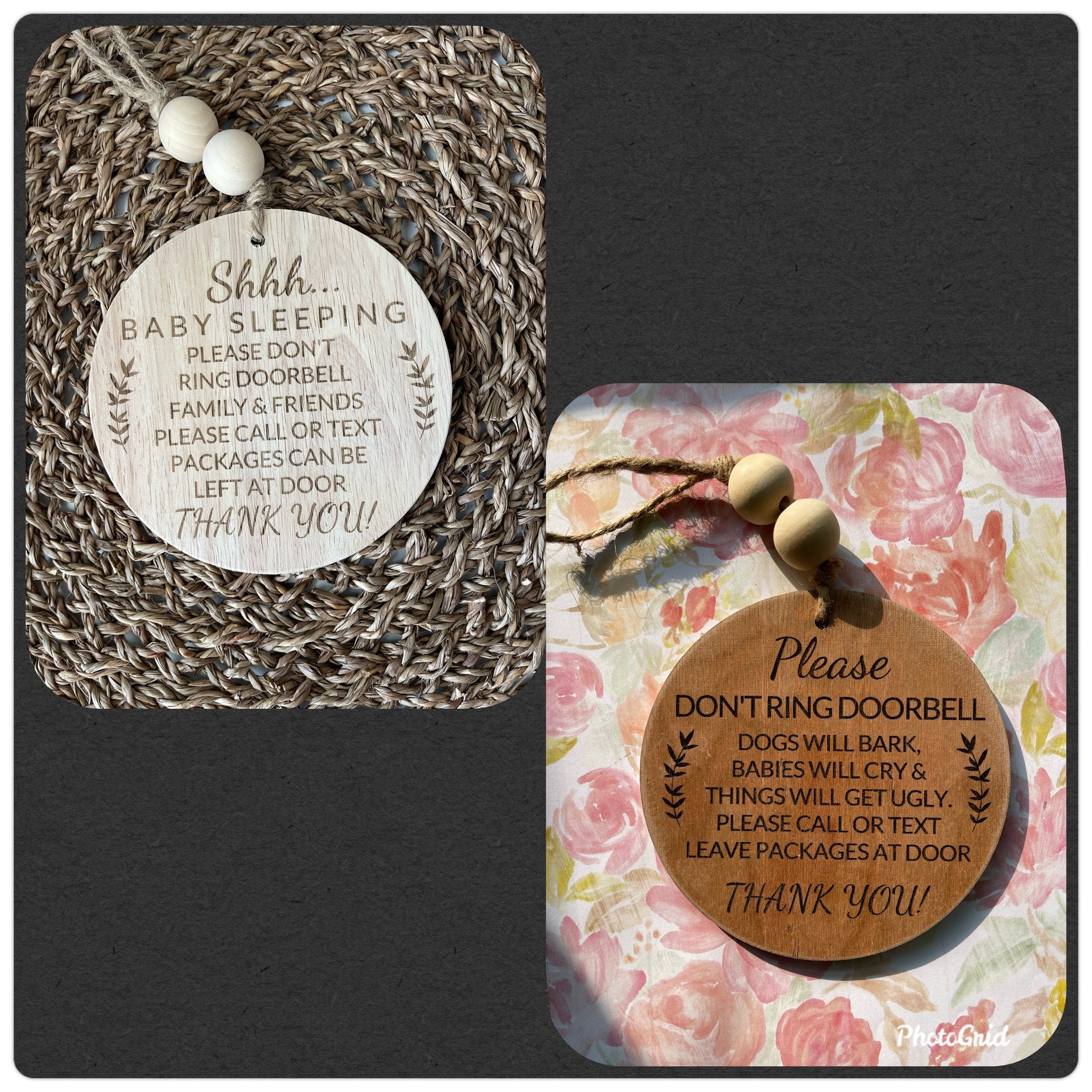 Baby Sleeping Sign for front door - Wooden Handcrafted with laser engraved design, don't ring doorbe