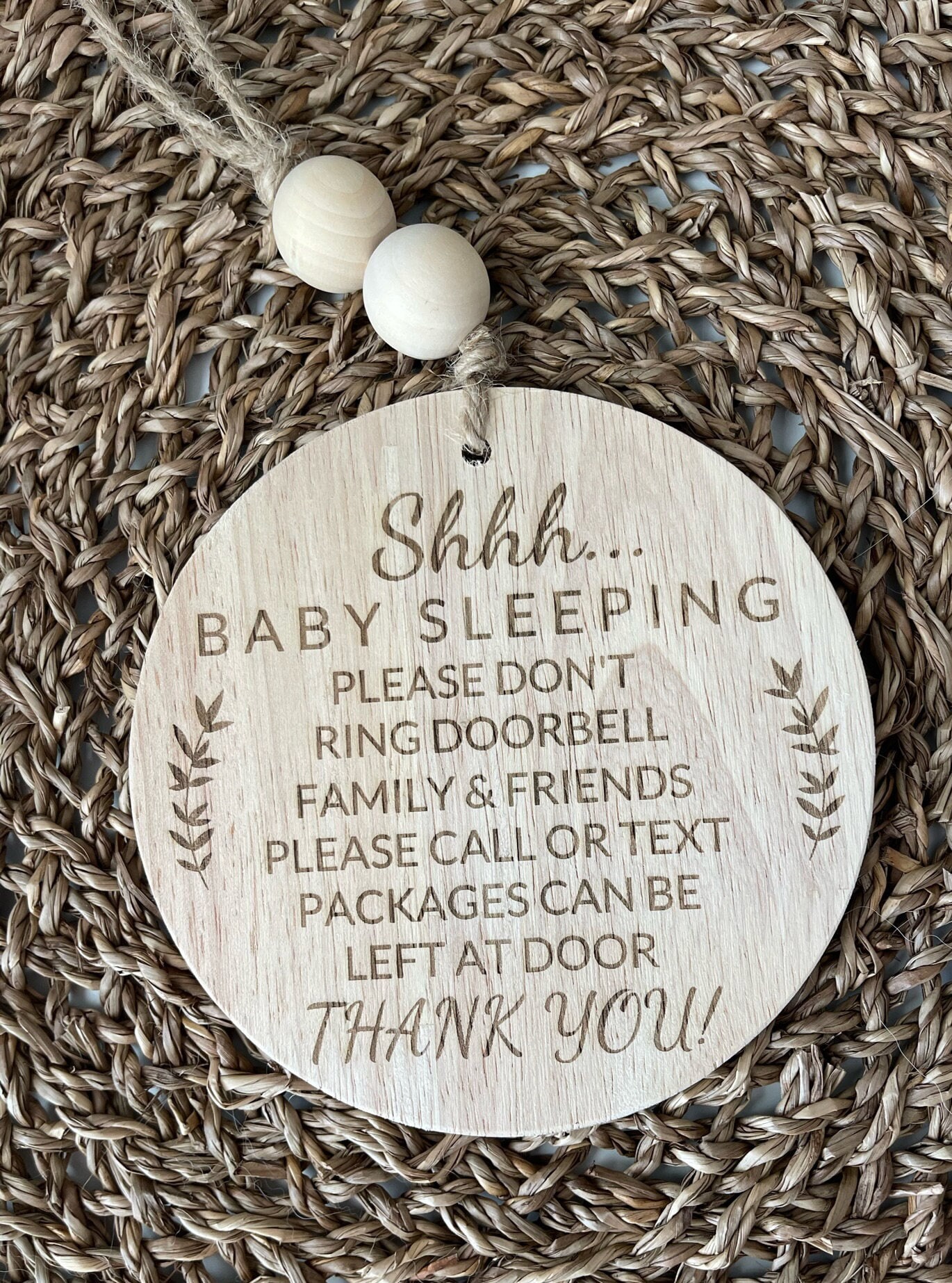 Baby Sleeping Sign for front door - Wooden Handcrafted with laser engraved design, don't ring doorbe