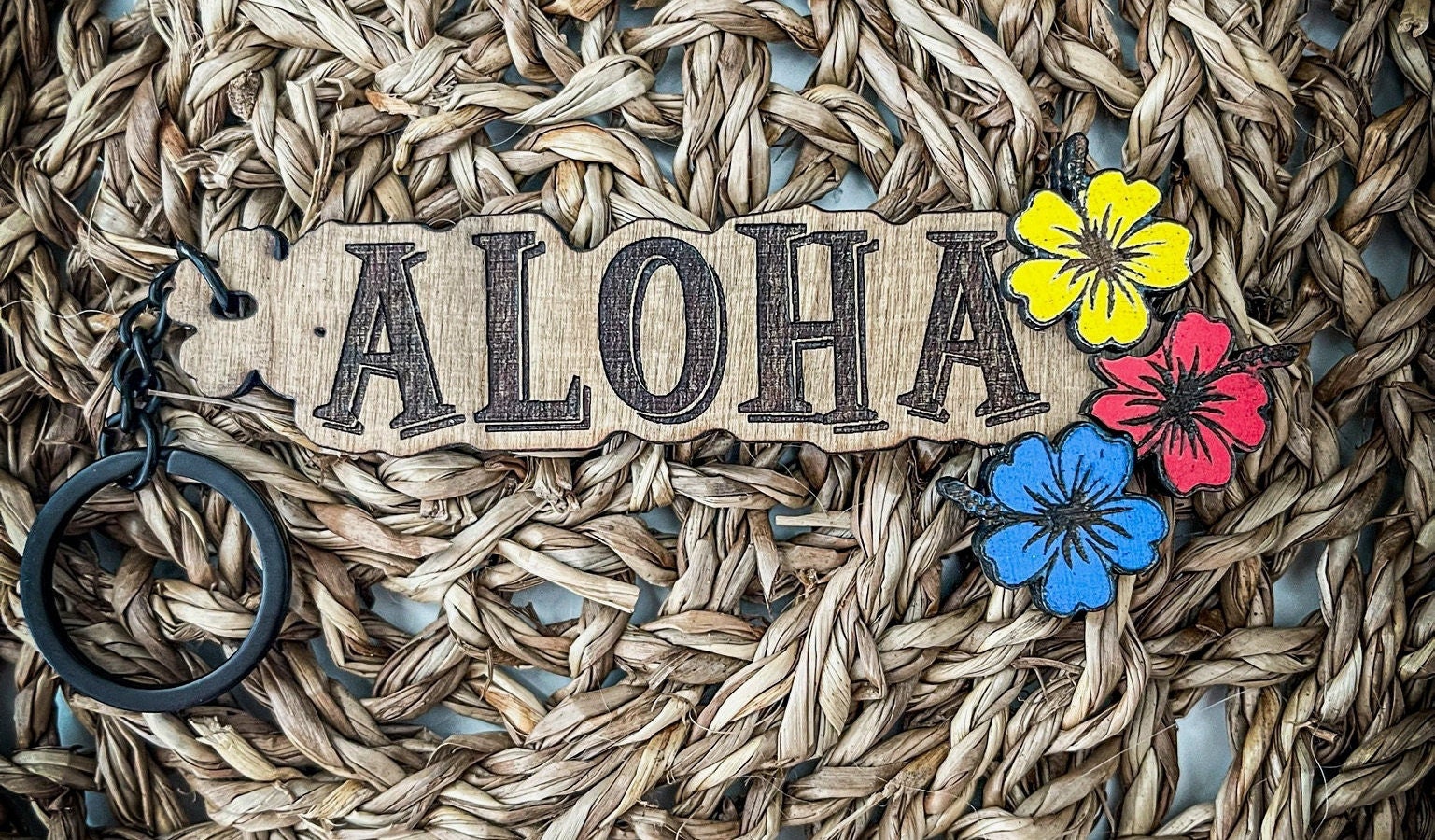 Key Chain Hawaiian Aloha Inspired - cherry wood tag perfect for backpack, zipper or badge - island v