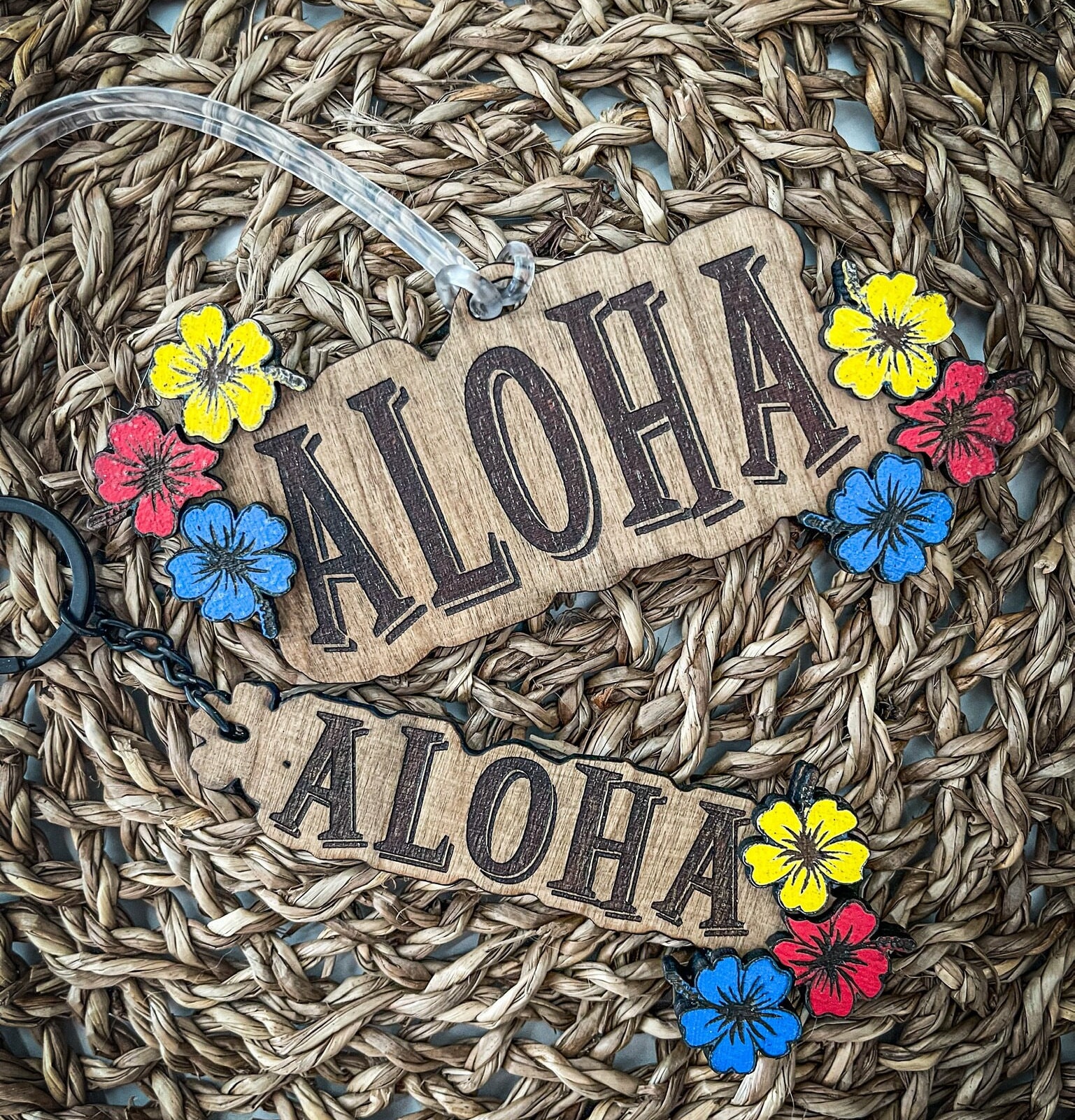 Key Chain Hawaiian Aloha Inspired - cherry wood tag perfect for backpack, zipper or badge - island v