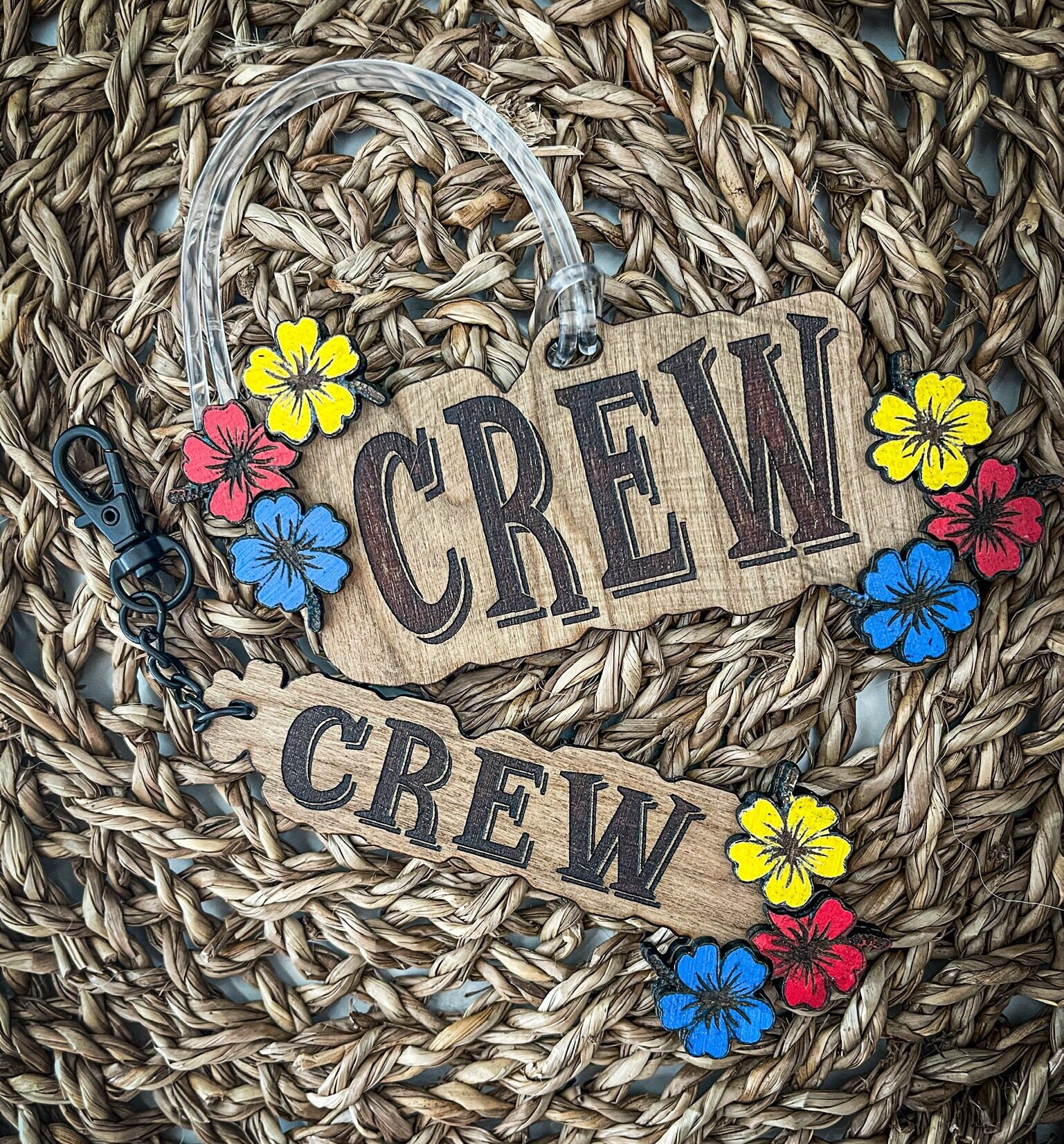 Crew Key Chain Hawaiian Inspired - cherry wood tag perfect for backpack, zipper or badge - island vi