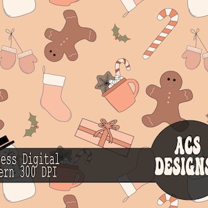 Carta digitale natalizia / Motivo ripetuto senza soluzione di continuità / Guanti da pupazzo di neve con bastoncino di zucchero e cioccolata calda / Uso commerciale