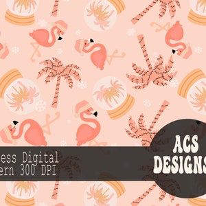 May include: A seamless digital pattern featuring pink flamingos wearing Santa hats, palm trees with Christmas lights, and snow globes with palm trees inside. The background is a light pink color with white snowflakes.