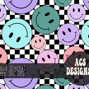May include: A seamless digital pattern featuring a chequered background with colourful smiley faces in various shades of purple, pink, blue, and green. The text "ACS DESIGNSS" is displayed in a black rectangle at the bottom of the image.