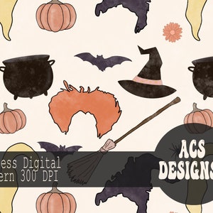 May include: A seamless digital pattern featuring a witch's hat, cauldron, broom, pumpkins, bats, and a witch's wig. The pattern is in a vintage style with a watercolor effect. The text "ACS Designs" is in the bottom right corner.