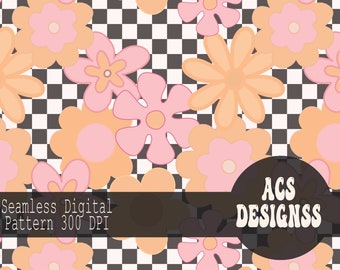 Retro Flower Digital Paper | Seamless, Repeating Pattern | Groovy Floral Print | Commercial Use