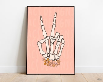 Peace Sign Skeleton Hand Print | Retro Halloween Decor (Digital Download)