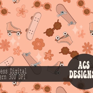 May include: A seamless digital pattern featuring a retro 70s aesthetic with roller skates, skateboards, sunglasses, and flowers in shades of peach and brown. The text "ACS DESIGNSS" is in a bold, retro font.