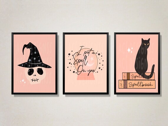 Halloween Prints Set of 3 | Pink Witch, Cat, Spellbook (Digital Download)