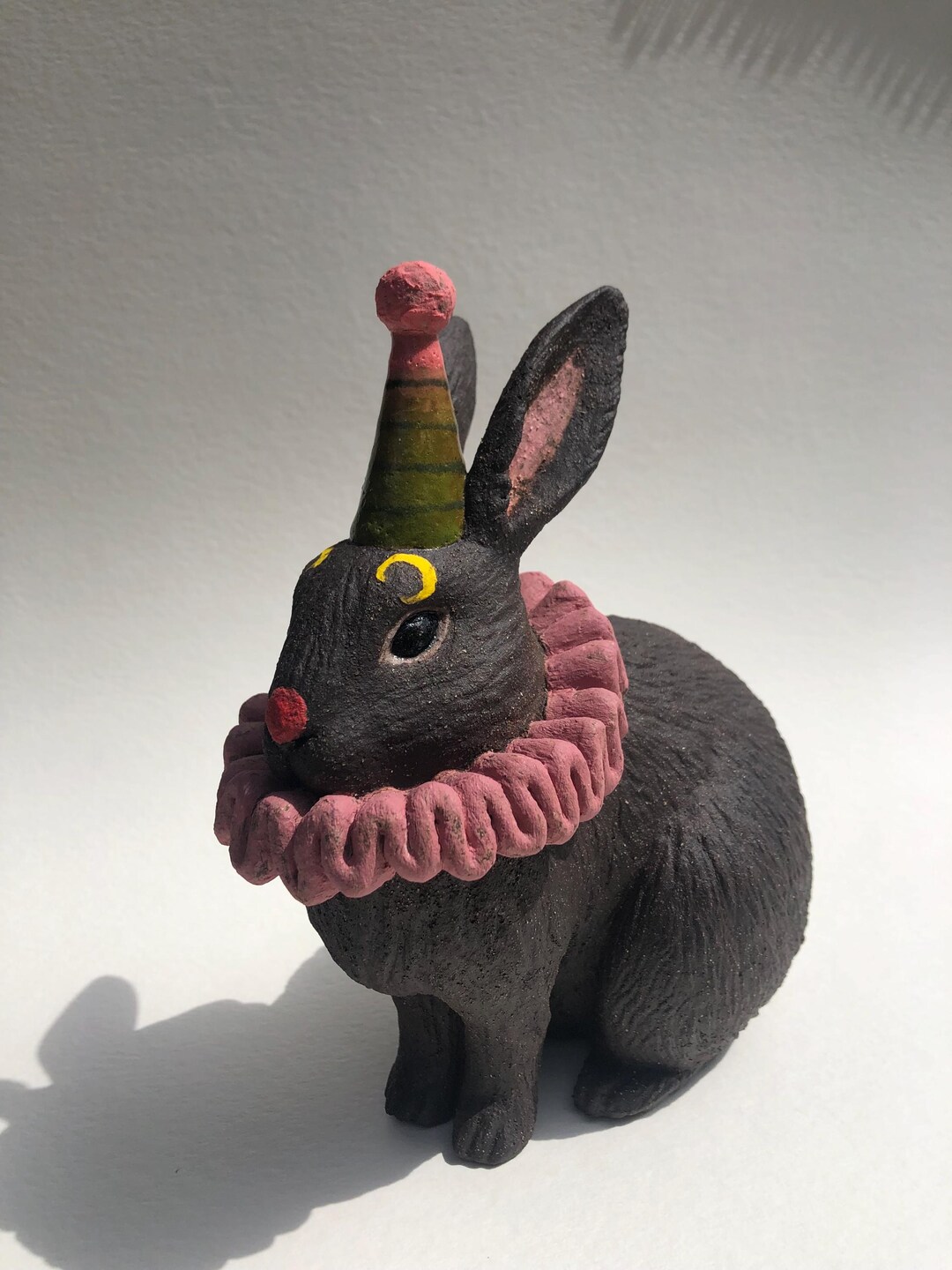 Ceramic Handbuilt Clown Bunny, Black Textured Stoneware, Small Handmade ...