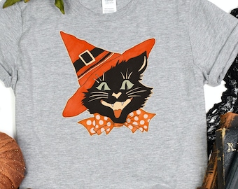 Vintage Black Cat Witch Shirt, Vintage Style, Retro Style, Spooky Season, Halloween Vibes