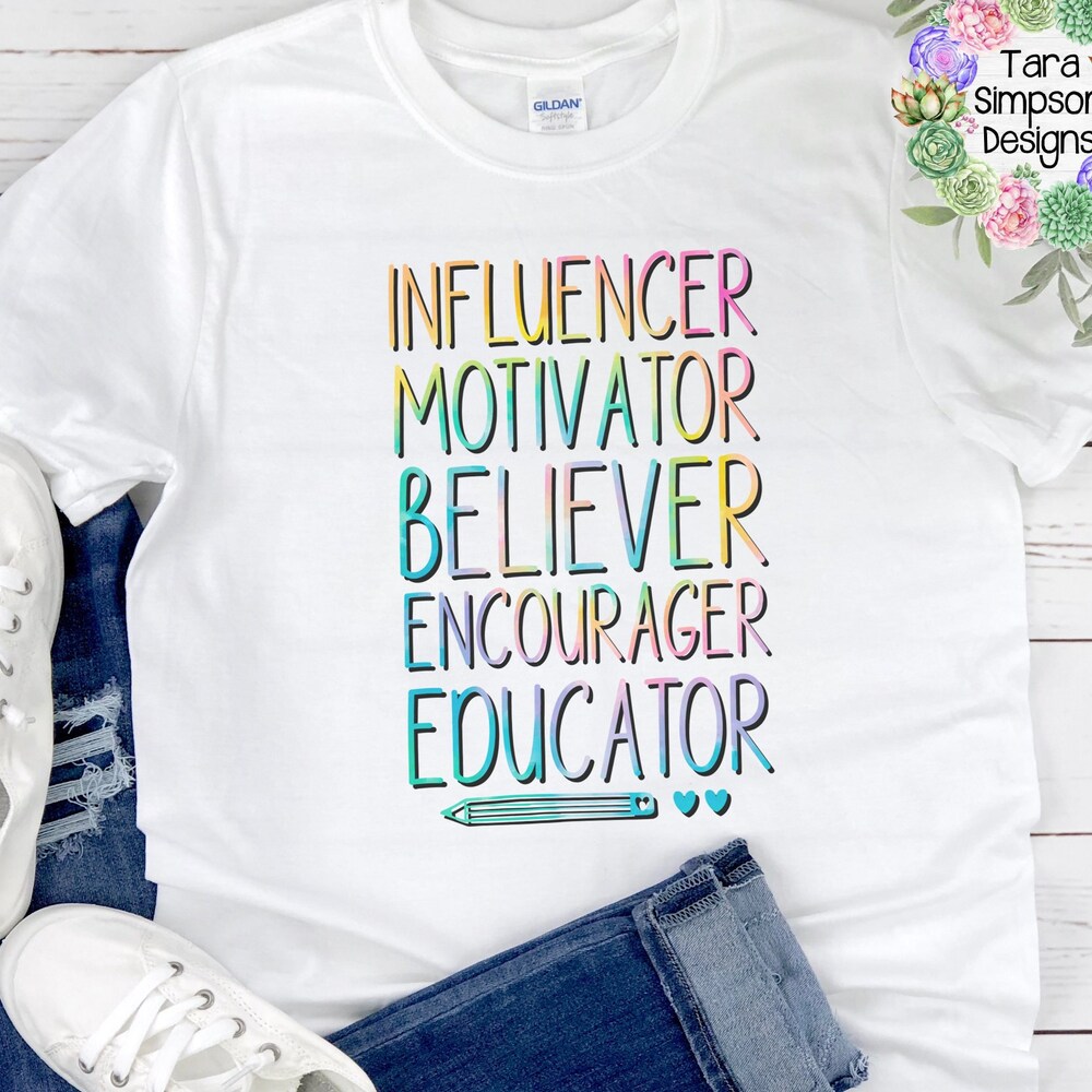 Tie Dye Influencer, Motivator, Educator T-Shirt, Teacher Style, Teacher Tee, Back To School, Teacher Gift, Graphic Tee, Retro Teacher Style Coolprintshirt