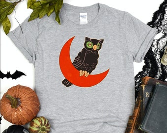 Vintage Owl and Crescent Moon Shirt, Vintage Style, Retro Style, Spooky Season, Halloween Vibes