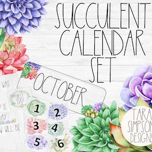 Succulent Calendar Set Digital Download, Calendar, School Calendar, Back to School, Classroom Calendar, Printable Calendar image 1