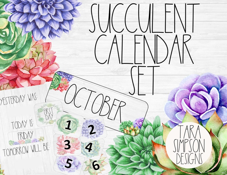 Succulent Calendar Set Digital Download, Calendar, School Calendar, Back to School, Classroom Calendar, Printable Calendar image 1