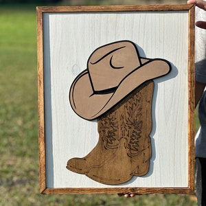 May include: A wooden wall decor featuring a brown cowboy hat and boots. The hat and boots are cut out and layered on a white background.