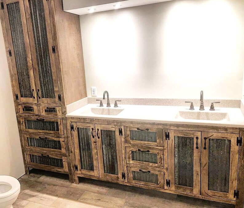 Ambrosia Maple Bathroom Vanity Cabinet With Reclaimed Barn Tin Vintage Rustic Eclectic Style