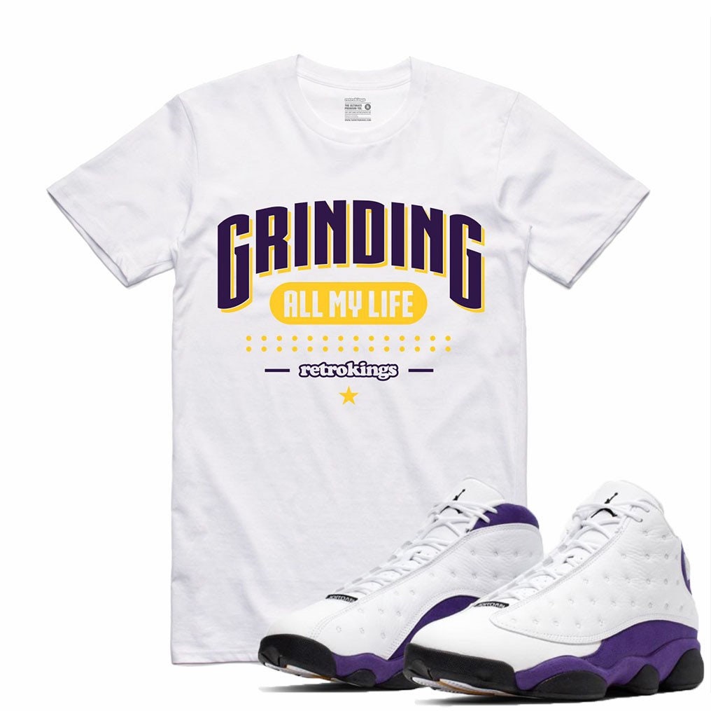 purple and white jordan 13 shirt