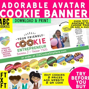 Girl Scout Cookie BANNER (Digital Download) 6&#39;x3&#39; Add QR Code & Contact Info (ABC Cookies) Download Troop use (12 Downloads)