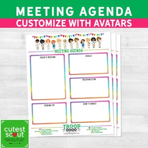 Agenda de tropa con adorables avatares, imprimible, personalizable, Girl Scouts