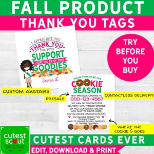Etiquetas de agradecimento LBB de 3" do produto de outono da Girl Scout. As mais fofas de todas. Imprimíveis faça você mesmo. Ganhe clientes recorrentes! (2 downloads) Impressão pessoal ilimitada