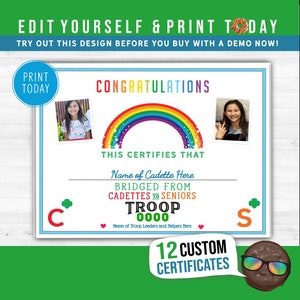 Girl Scout Cadette to Senior Bridge Ceremony Certificate Printables, Add Photos and Print your Troop Certificates!