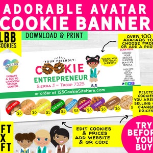 Girl Scout Cookie BANNER Adorable Avatars (Digital Download) 6&#39;x3&#39; Add QR Code (LBB Cookies) for Troop Use (12 Downloads)