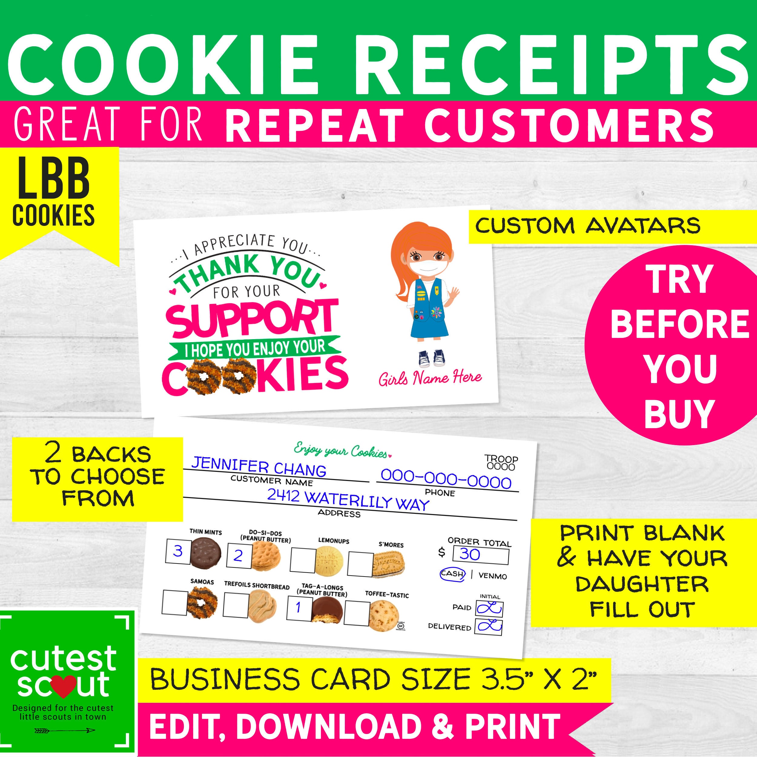 Girl Scout Cookie Receipt / Thank You LBB Business Card Size. - Etsy