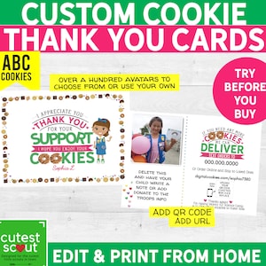 Cartões de agradecimento de biscoito de escoteira (ABC), adicione código QR, vários avatares para escolher! Imprimíveis de 5,5 x 4,25", uso pessoal (4 downloads)