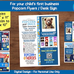 May include: A digital design for Popcorn Flyers and a desk sign, featuring a bear illustration. The design includes text about a popcorn sales program, with a QR code and the text "Enter my code: 24120". The flyer is 8.5 x 11 inches.