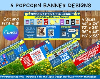 Popcorn BANNER for Scouts: Canva Template with QR Code (Digital Download