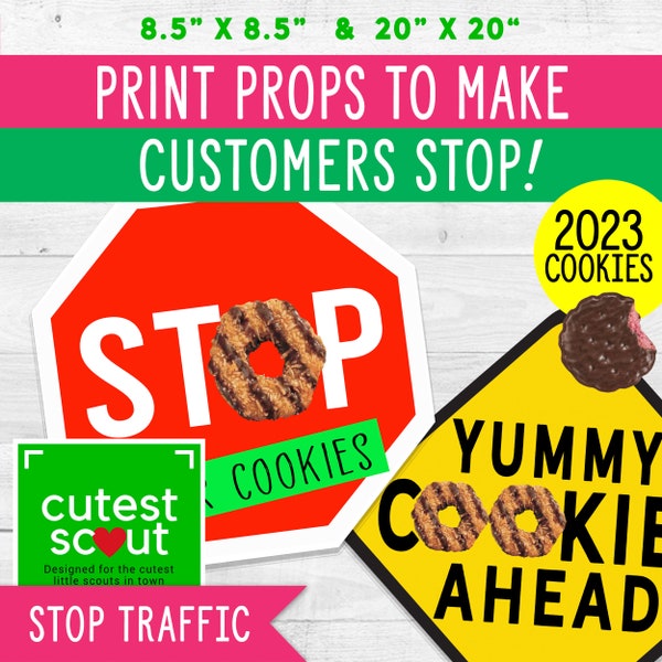 Girl Scout Cookie Props for  2024 ABC Cookie Booth, 8.5 inch & 20 inch sizes, Use to direct traffic to your booth, Make a Cookie PhotoBooth