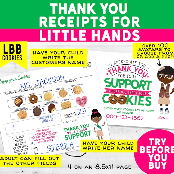 LBB Girl Scout Cookie Receipt / Thank You (For Little Hands)  DIY Printable. (2 Downloads) Unlimited Personal Printing New Cookies
