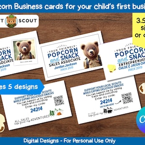 Pode incluir: Cartões de visita para a venda de pipocas para crianças, com uma mascote de urso. Os cartões medem 8,9 cm x 5,1 cm e incluem 5 designs. O texto inclui "Popcorn and Snack Sales Associate" e "Digital Designs - For Personal Use Only."