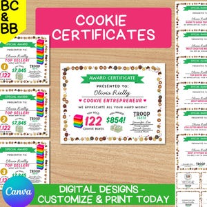 May include: Cookie certificates with colorful borders and text. The certificates are for top sellers and cookie entrepreneurs. The certificates include the text "Digital Designs - Customize & Print Today".
