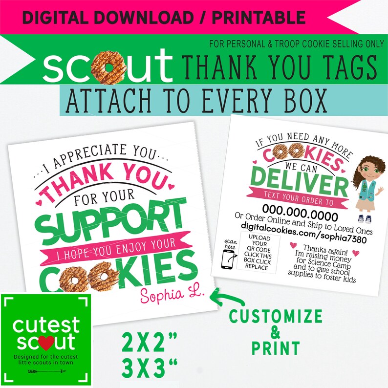 Girl Scout Cookie THANK YOU Tags Attach to every box for repeat Customers, 2' and 3' Printable ABC (Personal Download) 