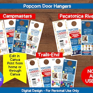 Pode incluir: Uma coleção de cabides de porta imprimíveis para pipoca com designs para Campmasters, Pecatonica River e Trails-End. Cada cabide inclui texto como Popcorn for Heroes, detalhes de vendas, códigos QR e ilustrações de pipoca.