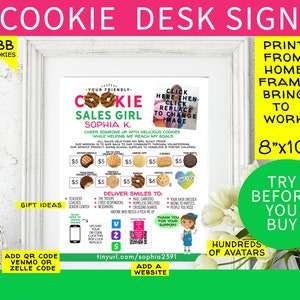 Girl Scout LBB Cookie DESK sign 8"x10" Printable, Let the sign sell for you! Add QR, photo, avatar & Print (Family Use 2 downloads)