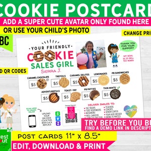 Girl Scout ABC Cookie 8,5 x 11 FLYER Cartões postais com avatares, download digital, uso pessoal (pacote família 2 downloads) Imprimir de casa