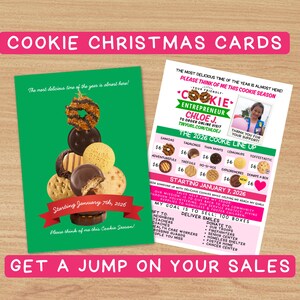 Pode incluir: Dois cartões com o texto "Cookie Christmas Cards" e "Get a jump on your sales". Um cartão é verde com uma pilha de biscoitos e o texto "Starting January 7th, 2026". O outro cartão é rosa e branco com informações sobre biscoitos.