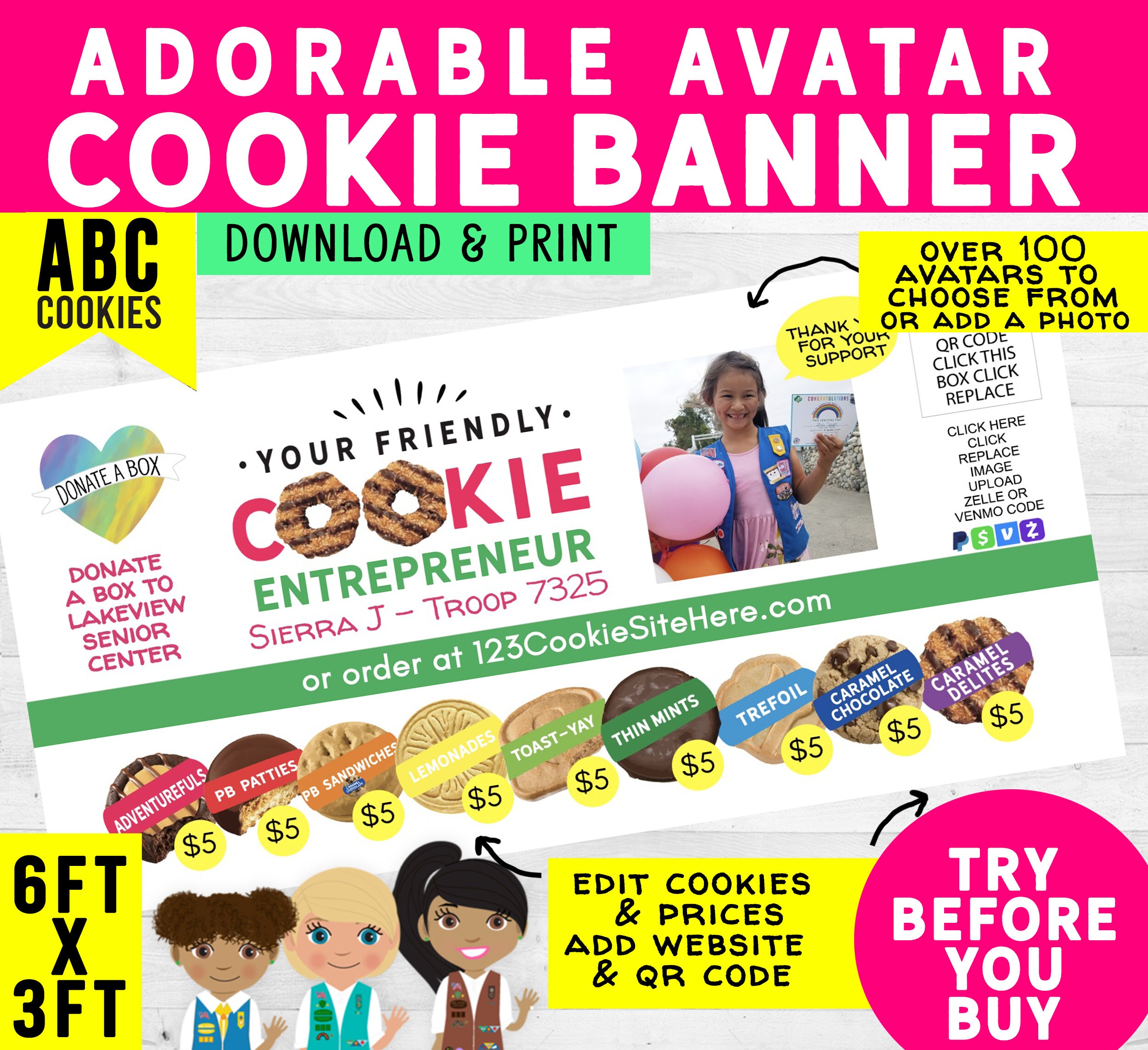 Girl Scout Cookie BANNER Adorable Avatars (Digital Download) 6'x3' Add QR Code (LBB Cookies) for Family Use (2 Downloads)