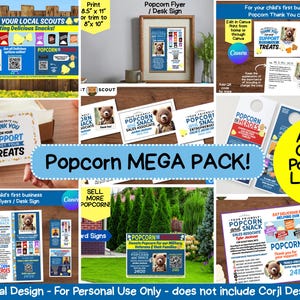 Pode incluir: Uma coleção de designs digitais para vendas de pipoca, incluindo folhetos, cartões de agradecimento e placas de mesa. Os designs apresentam um mascote de urso e o texto "Apoie seus escoteiros locais" e "Popcorn Heroes".