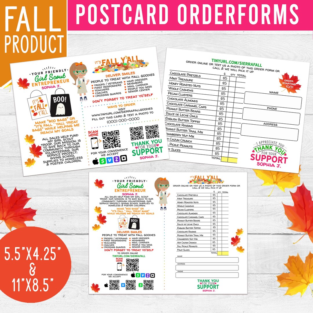 Girl Scout Fall Product Post Cards With Avatars, DIGITAL Download, Personal Use, 2 Sizes, Boo