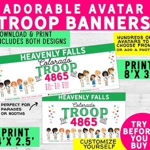 Girl Scout TROOP CUSTOM Banner, 2 sizes included. Parade banner and booth banner, Edit yourself, Digital Download Super Cute!
