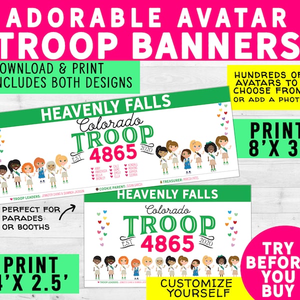 Girl Scout TROOP CUSTOM Banner, 2 sizes included. Parade banner and booth banner, Edit yourself, Digital Download Super Cute!