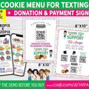 Girl Scout Cookie-tekstmenu, Cookie Booth-betaalbord QR-codes en bundel Donatiebord voor koekjes