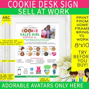 Girl Scout Cookie ABC DESK sign 8"x10" Printable, Let the sign sell for you! Add QR, photo, avatar & Print (Family Use 2 downloads)
