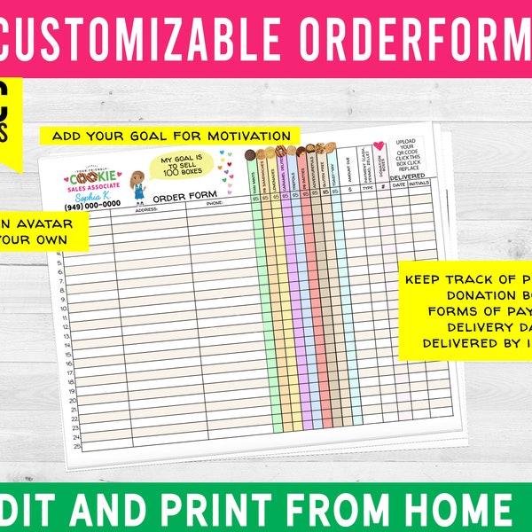 Girl Scout 2024 ABC Cookie ORDER FORMS. Customize with Avatars, Record Orders, Print Today. Personal Use (Family Pack 4 Downloads) Organize