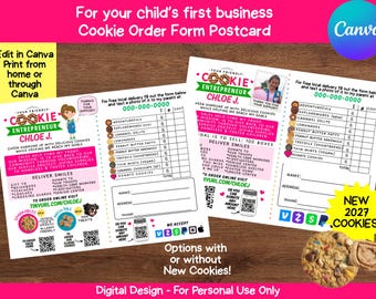 May include: A digital cookie order form postcard template for children, featuring a pink and white layout with a list of cookie varieties, a section for customer contact information, QR codes for online ordering, and a space for a child's name.
